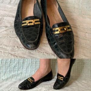 Vintage 80s Forest Green Crocodile Leather Loafers Brass Flat Shoes size 9 A